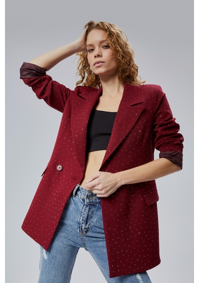 Kadın Regular Dokuma Astarlı Taş Detaylı Blazer Ceket Siyah