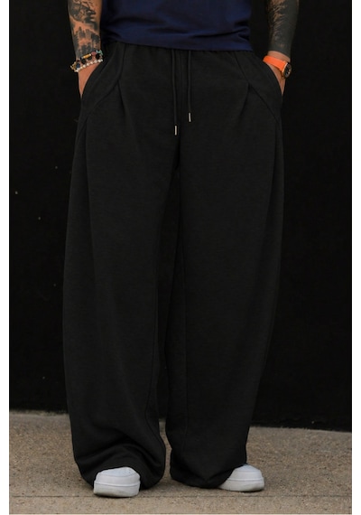 Tarz Cool Erkek Oversize Eşofman Altı Bağcıklı Rahat Kalıp Günlük Basic Jogger Pantolon Siyah