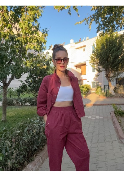 Ali Butik Bordo Crop Gömlekli Pamuklu Takım