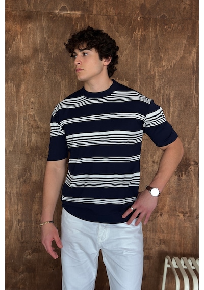 Erkek Bisiklet Yaka Oversize Çizgili Triko T-shirt Lacivert