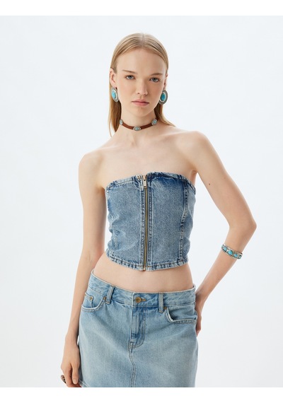 Koton Crop Üst Denim Fermuarlı Straplez Yaka Kolsuz Slim Fit Açık İndigo 4sal30055md Açık İndigo Koton Crop Üst Denim Fermuarlı Straplez Yaka Kolsuz Slim Fit Açık İndigo 4sal30055md Açık İndigo
