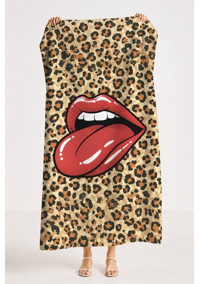 Leopar Dudak Figürlü Plaj Havlusu - Pop Art Modern Kırmızı Bej Havuz Deniz Hızlı Kuruyan Plaj Örtüsü Çok Renkli