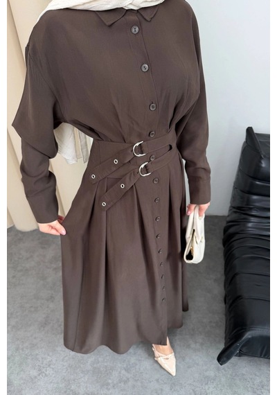 Mihran Butik Valeno Model Coupra Model Kumaş Kemer Detaylı Elbise Kahverengi