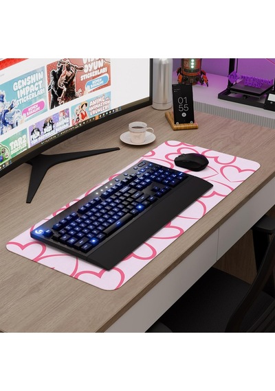Kalp Desenli Dikişli Kenar Oyuncu Gaming Mouse Pad Kauçuk Kaymaz Taban Mousepad V3, 70x30 Xl