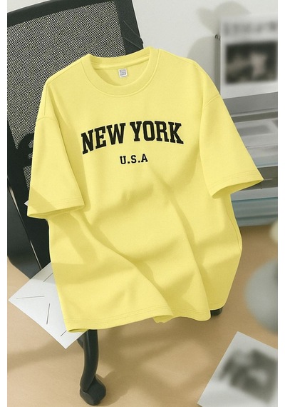 New York U.s.a. Baskılı Unisex Tişört Sari