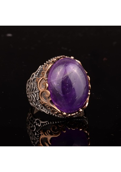 Erkekler İçin Doğal Ametist Taşlı Yüzük, 925 Ayar Gümüş El Yapımı Vintage Tarzı, Şifa Kristali Takı Gümüş