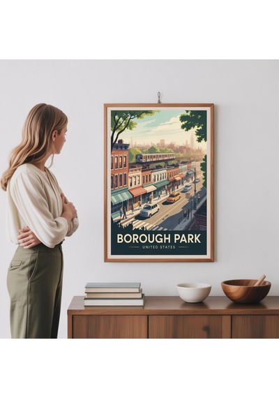 Borough Park Seyahat Posteri: İkonik Yer İşaretleri, Canlı Şehir Manzarası Amerika Birleşik Devletleri