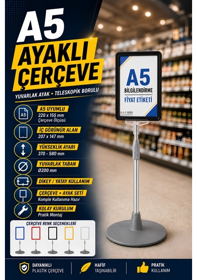 A5 Ayaklı Menü Ve Fiyat Bilgi Standı Yuvarlak Tabanlı Teleskopik Çerçeve Etiketlik Siyah