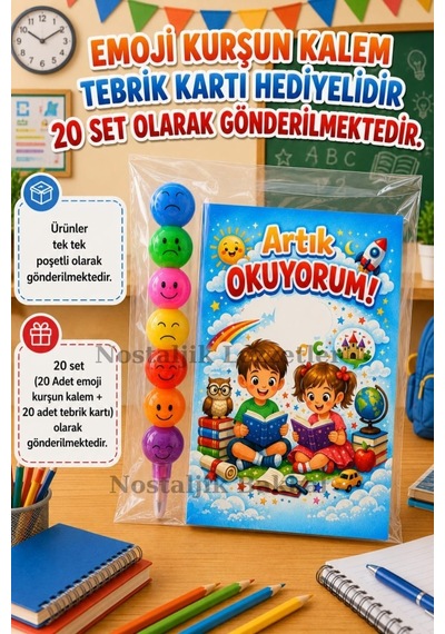 20 Set Yeni Okumayı Öğrenen Öğrencilere Hediye Artık Okuyorum Yazılı 1. Sınıf Hatırası Emoji Kurşun Kalem Tebrik Kartı Hediyeli