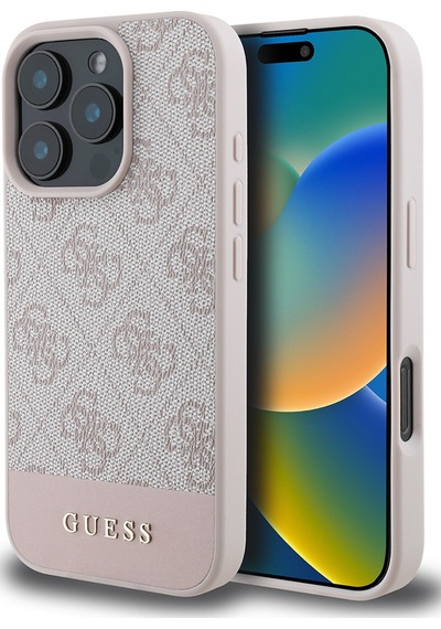 Apple Uyumlu iPhone 16 Pro Max Kılıf Guess Lisanslı Pu Deri Şerit Logo Dizaynlı Kapak Pembe