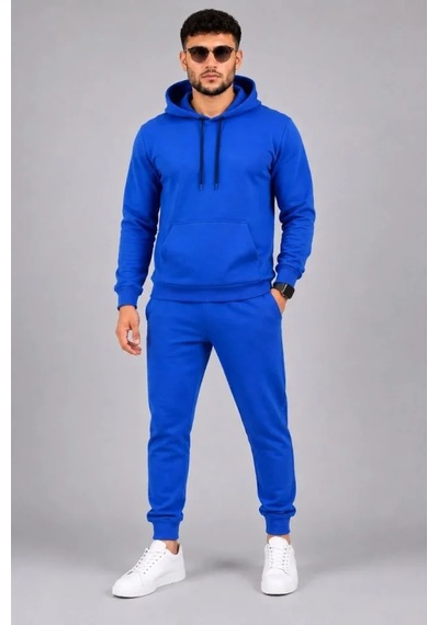 Oada Erkek İki İplik Kapüşonlu Kanguru Cepli Sweatshirt Jogger Pantolon Alt Üst Eşofman Takımı -saks Mavisi