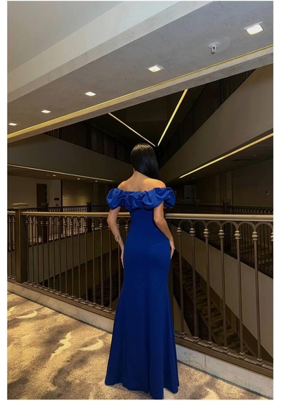 Lior Design Kadın Trend Tasarım Kare Yaka Yırtmaçlı Kısa Kollu Abiye Elbise Saks