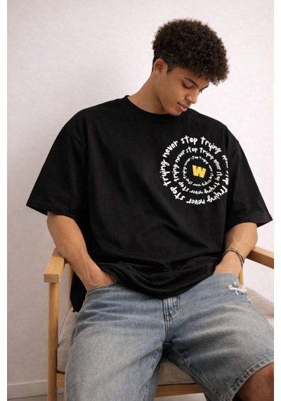 Tarz Cool Erkek Oversize Tişört Never Stop Trying Baskılı Salaş Kalıp Siyah