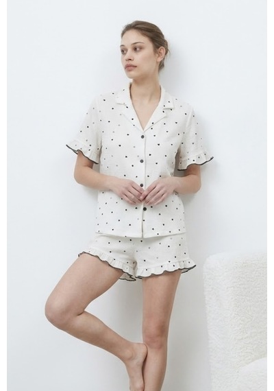 Kadın Premium Fırfırlı Beyaz Pijama Takımı