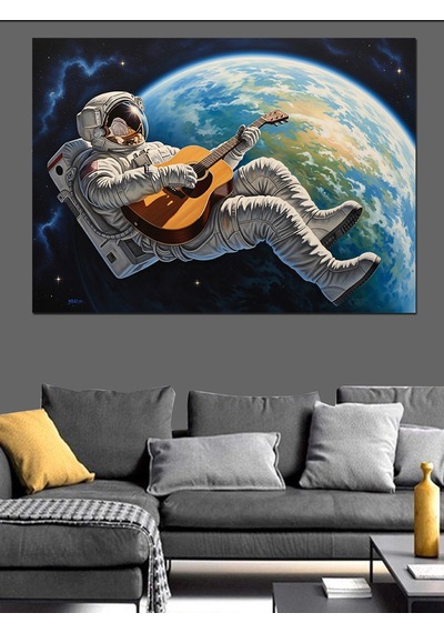 Uzayda Gitar Çalan Astronot Ve Dünya Dekoratif Kanvas - Mdf Ahşap Tablo