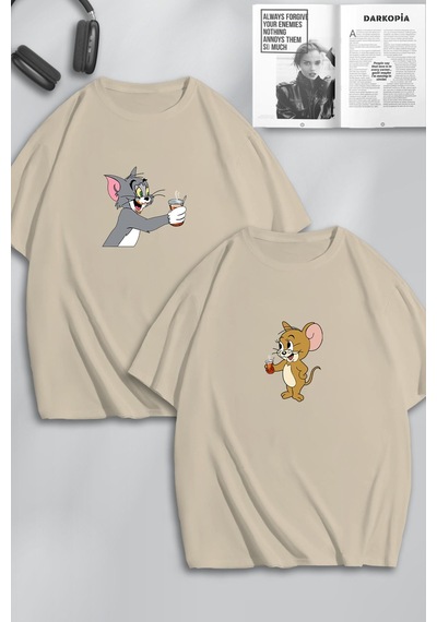 Unisex Kadın Erkek Tom Ve Jerry Çay Baskılı Sevgili Çift Kombini Tasarım Oversize Tshirt 2li Bej Mck0479 Bej