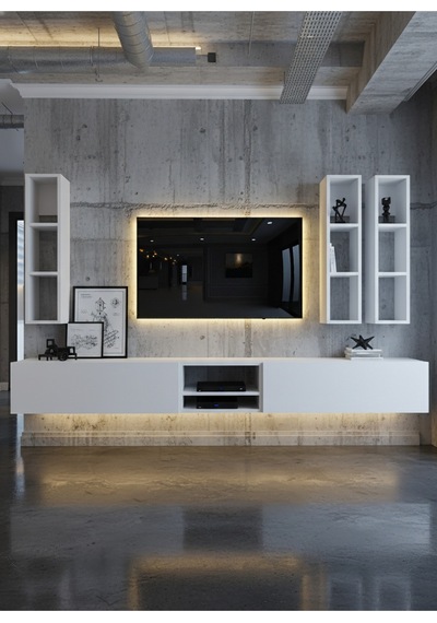 Resital Ledli Duvara Monte Tv Sehpası - Beyaz - W6003-1 Beyaz