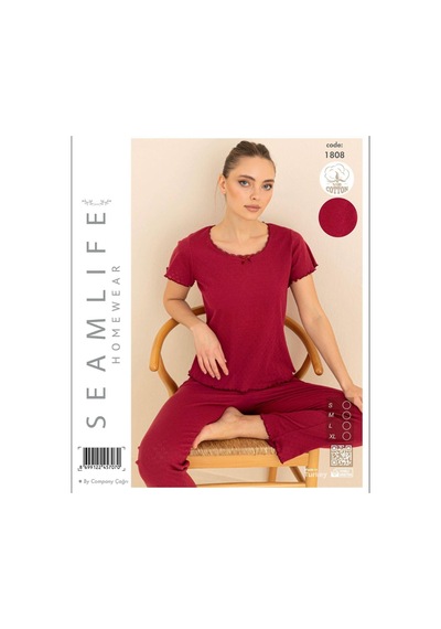 Seamlife Kadın %100 Pamuk Kalp Desenli Kısa Kollu Pijama Takımı 466542 Bordo