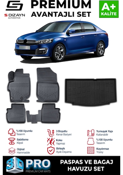 S-dizayn Citroen C-elysee 3d Pro Havuzlu Paspas Ve Bagaj Havuzu Seti 2'li Set 2012-2017 A+ Kalite