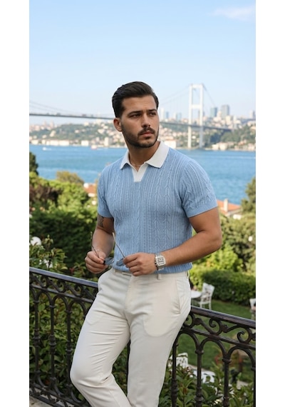 Veraura Lifestyle Erkek Desenli Kısa Kollu Triko Tişört - %100 Pamuk Akrilik Bebe Mavisi