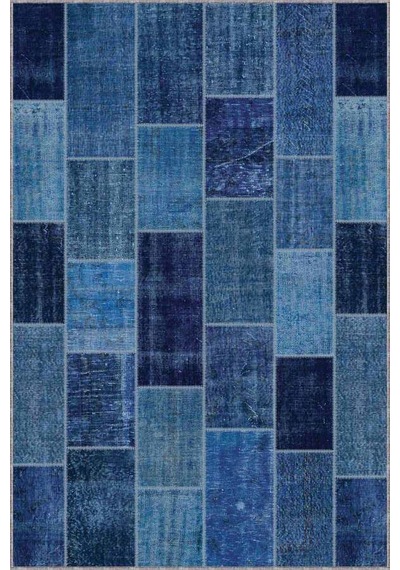 Mavi Patchwork Kaymaz Taban Makinede Yıkanabilir Halı Rv228n11