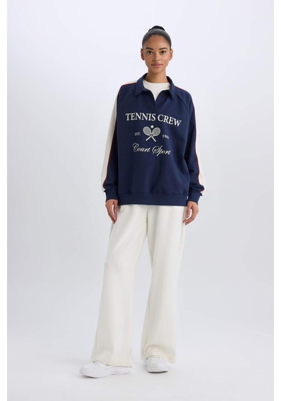 DeFactoFit Oversize Geniş Kalıp Polo Yaka Baskılı Sporcu Sweatshirt D7131AX25SPNV241