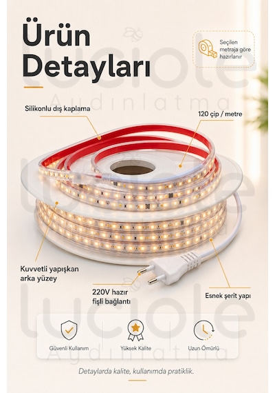 6 Metre 220v Günışığı Şerit Led Hazır Fişli Tak Çalıştır Silikonlu Yapışkanlı