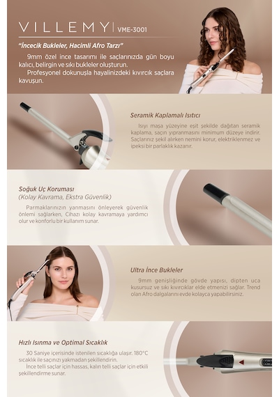9.8 Mm Seramik Kaplamalı Profesyonel Saç Maşası İnce Ve Kalıcı Bukleler -vme-3001