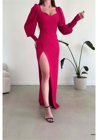 Lior Design Kadın Modern Stil Esnek Krep Kumaş Dik Yaka Yırtmaçlı Abiye Elbise Fuşya