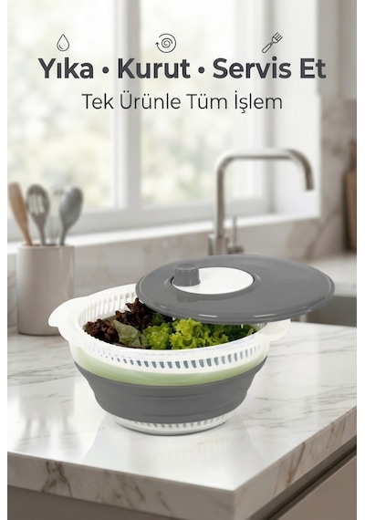 Katlanabilir Salata Kurutucu - Süzgeç Ve Kase Seti - 3 Ü 1 Arada 4.5 Litre Gri
