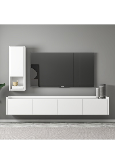 T007 Duvara Monte, Raflı Tv Ünitesi, Tv Sehpası - Beyaz Beyaz