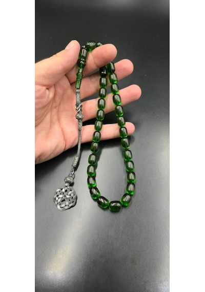 1000 Ayar Gümüş Kazaz Püsküllü Ateş Kehribar Tespih 9x12 Mm