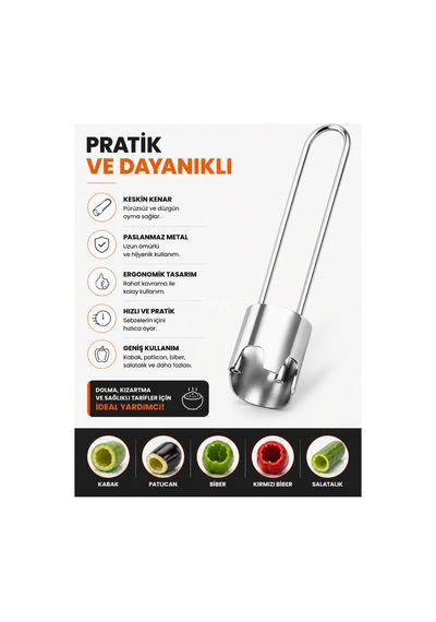 Metal Kabak Oyucu Paslanmaz Çelik Sebze İç Oyacağı Dolmalık Kabak, Patlıcan, Biber Ve Salatalık Oyma Aparatı Gri