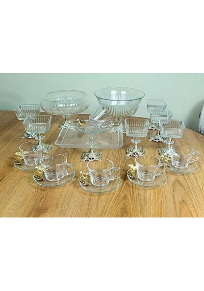 Çnr Home Collection Paşabahçe Gümüş Metal Ayakli Sunum & Servis Seti Magnolia, Çay Seti , Kurabiyelik Gümüş