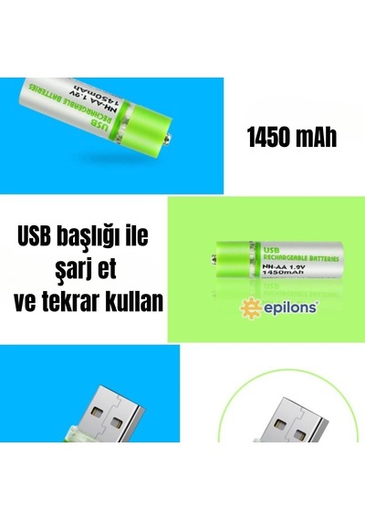 Bay Usb İle Şarj Olabilen 2 Li 1450 Mah Lityum Şarjlı Kalem Pil Najmaddin