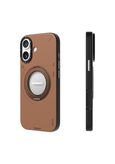 Apple Uyumlu iPhone 17 Kılıf M-safeli 360 Standlı Basit Mat Deri Desenli Youngkit Tech Leather Kapak Kahverengi Kahverengi