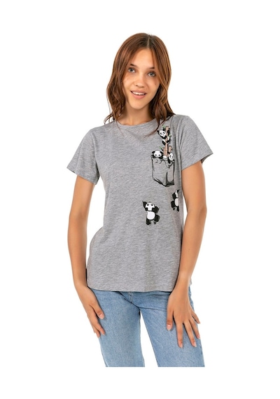Vıshenka Kadın Gri Compact Penye Pamda Baskılı T-Shirt Gri