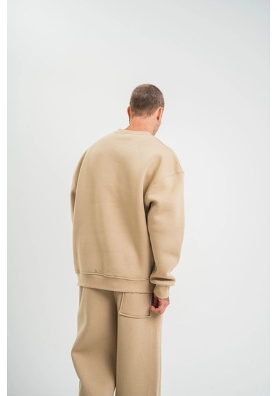 Erkek Uzun Kol Bisiklet Yaka 3 İplik Pamuklu Kışlık Sweatshirt - Bej