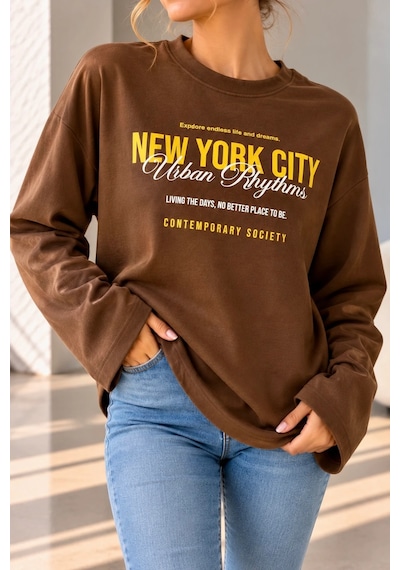 Bb Butik Basic Kadın Baskılı Bol Kollu Oversize İnce Sweatshirt Trend Model Mu3535 Kahverengi Bb Butik Basic Kadın Baskılı Bol Kollu Oversize İnce Sweatshirt Trend Model Mu3535 Kahverengi