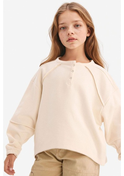 Defacto Kız Çocuk Oversize Geniş Kalıp Bisiklet Yaka Düğmeli Sweatshirt G1712a825auer140 Ekru-er140