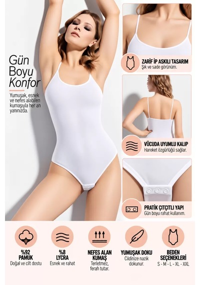 N11 Kadın İp Askılı Çıtçıtlı Body Beyaz Esnek Ve Yumuşak Kumaş, Vücuda Uyumlu - Ryl - 2600