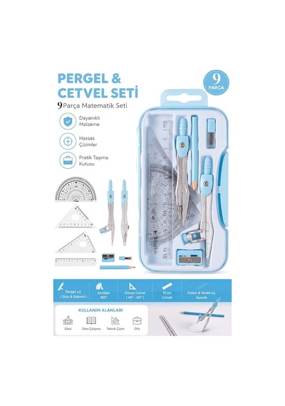 Metal Pergel Seti 9 Parça 1 Paket 9121 Profesyonel Pergel Çizim Proje Matematik Mimar Mühendis Çizim Seti Cetvel Gönye Mavi