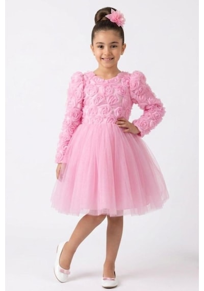 Mnk Baby & Kids Luvia Uzun Kol Kız Tütü Abiye Elbise M00810 Pembe