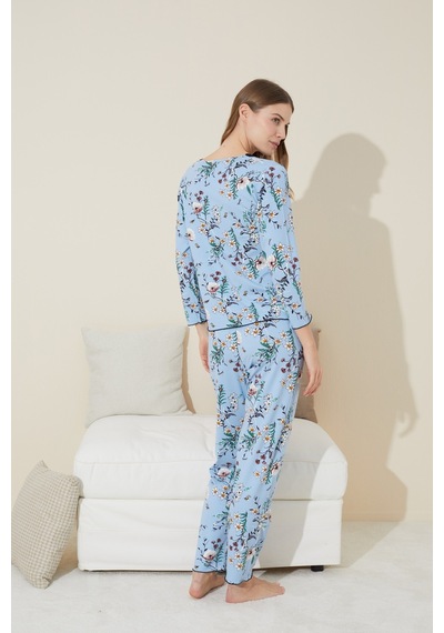 Siyah İnci Pamuklu Örme Pijama Takım 24240105 mavi
