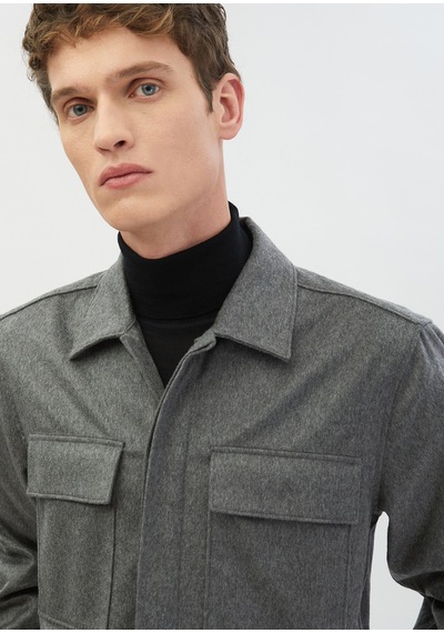 Ramsey Gri Düz Regular Fit Uzun Dokuma %100 Kaşmir Overshirt gri grey