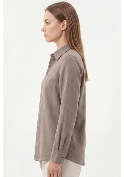 Goffra Kadın Gia %100 Doğal Keten Gömlek - Klasik Yaka Basic Minimalist Tasarım Kahverengi W207-k0401-02