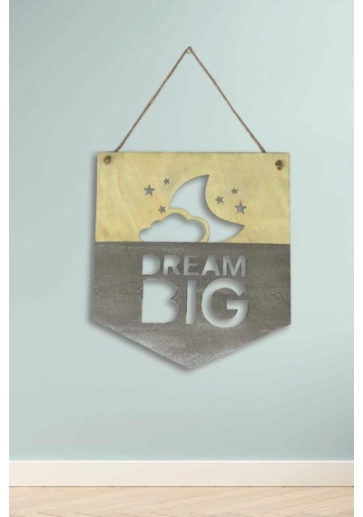 Dream Big Çocuk Odası Ahşap Gri Duvar Dekor Ürünü Bulut Yıldız De