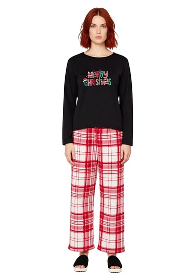 Ersefa Kadin Kirmizi Yılbaşı Desenli Pamuk Polyester Pijama Fonksiyonel Siyah-Kırmızı