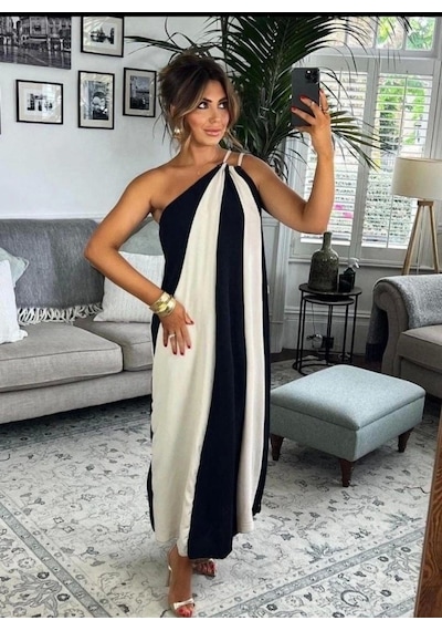 Defymoda Çift Renkli Elbise Çok Renkli