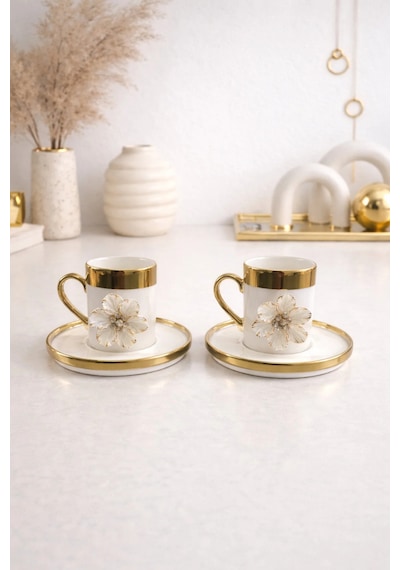 2 Li Gold Yaldızlı Porselen Lotus Çiçek Kahve Fincan Takımı 100ml Beyaz